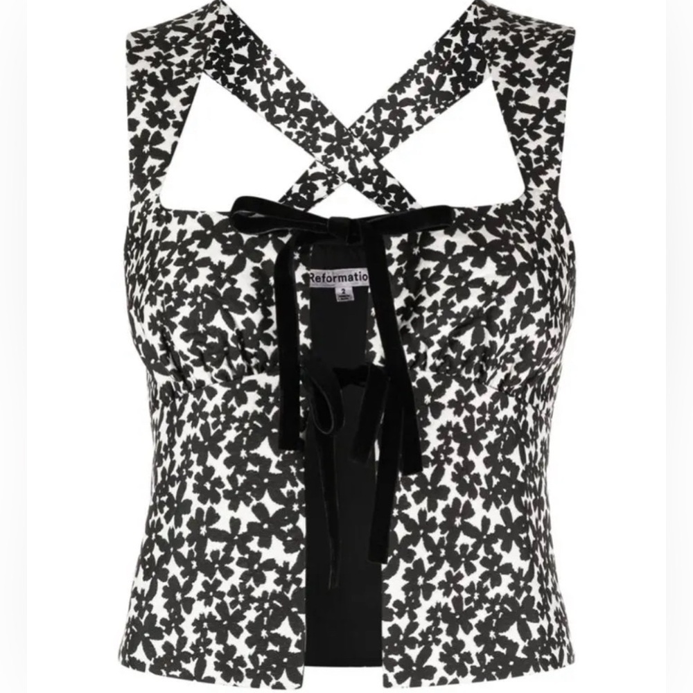 NWT Reformation Azalea Bow Tie Top in Black and White Floral